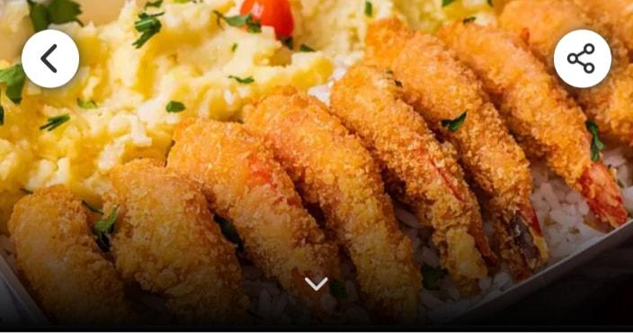 Camarão Empanado (10 Unidades) + Arroz + Purê de Batata Cremoso