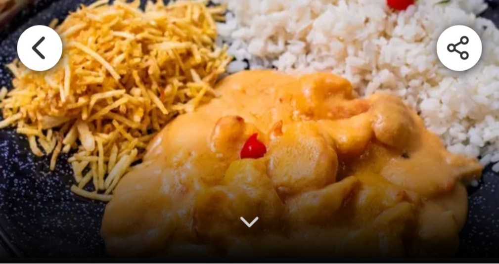 Strogonoff de Camarão + Arroz + Batata Palha